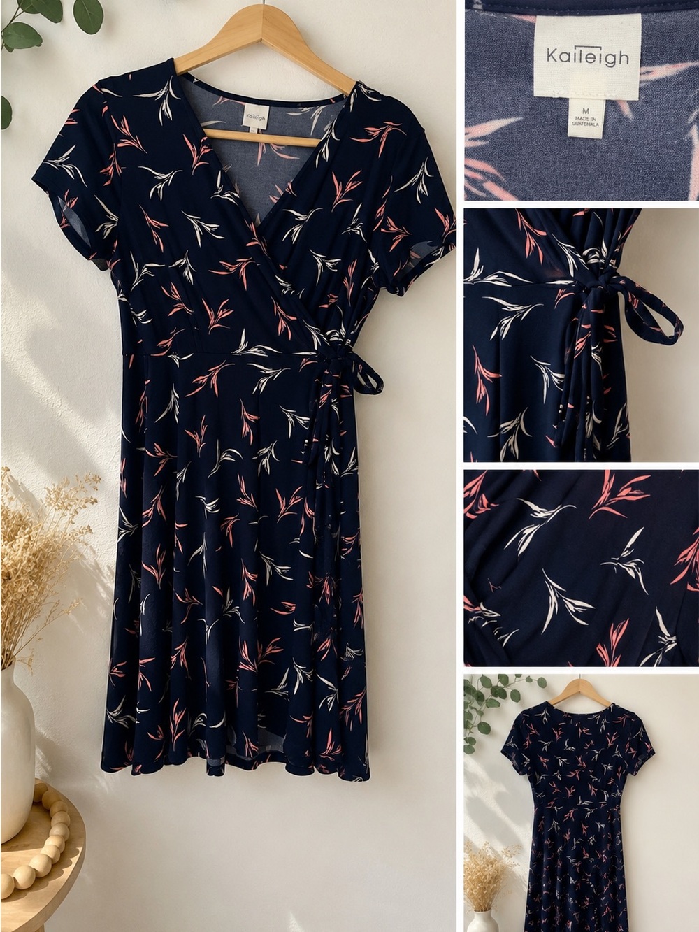Kaileigh Navy Pink Faux Wrap Dress Medium Floral Leaf Print
